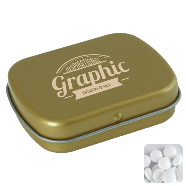 Flat hinged tin with dextrose mints