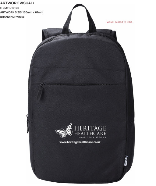 RPET polyester laptop backpack (15 inch) with two internal pockets and a small zipped pocket on the front. with Heritage Healthcare logo