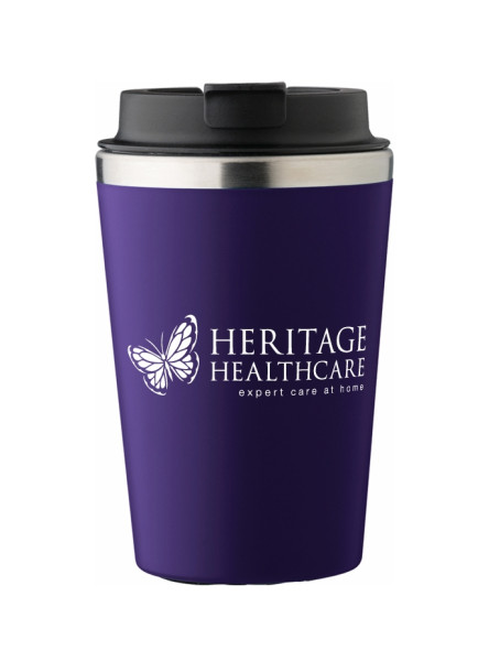 Stainless steel 350ml mug with Heritage Healthcare logo