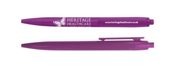 Recycled ABS ball pen in purple with Heritage Healthcare logo (including recycled emblem)