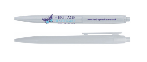 Recycled ABS ball pen in white with Heritage Healthcare logo (inc recycled emblem)