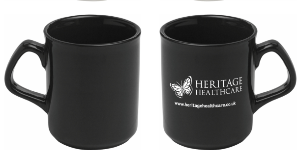 2834blackHH Durham mug in black with Heritage Healthcare logo