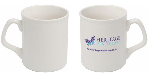 2834whiteHH Durham mug in white with Heritage Healthcare logo