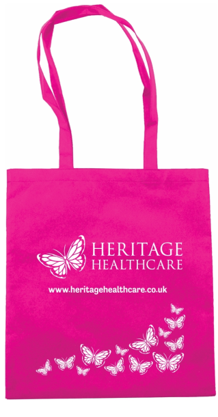 Nonwoven (80 gr/m2) carrying/shopping bag with long handles. Purple colour with Heritage logo