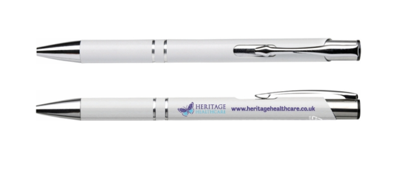 White Recycled aluminium ballpen with Heritage Healthcare logo - an eco-friendly writing instrument crafted from recycled aluminium materials, promoting sustainability and environmental responsibility. The pen writes with blue ink, making it suitable for