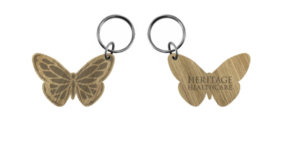 Eco wooden keyring in butterfly shape with Heritage Healthcare logo (print to both sides)